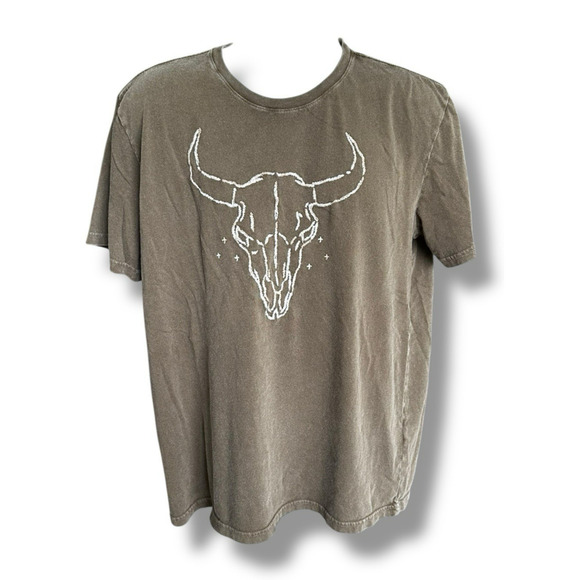 Lucky Brand Men's Embroidered Steer Skull Short Sleeve T-shirt Olive Green XL - Picture 1 of 5